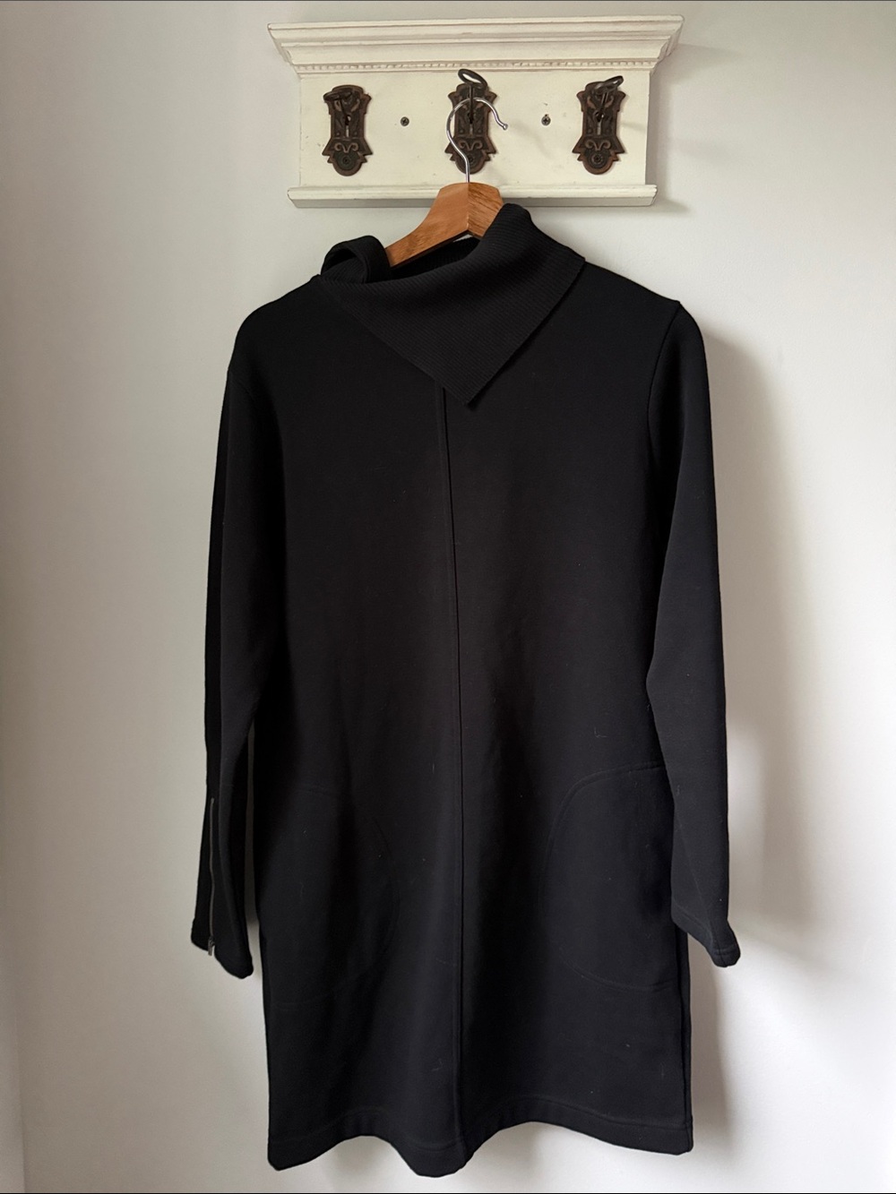 Athleta Cozy Karma Vela Dress Black Long-Sleeve with Asymmetrical Funnel Neck